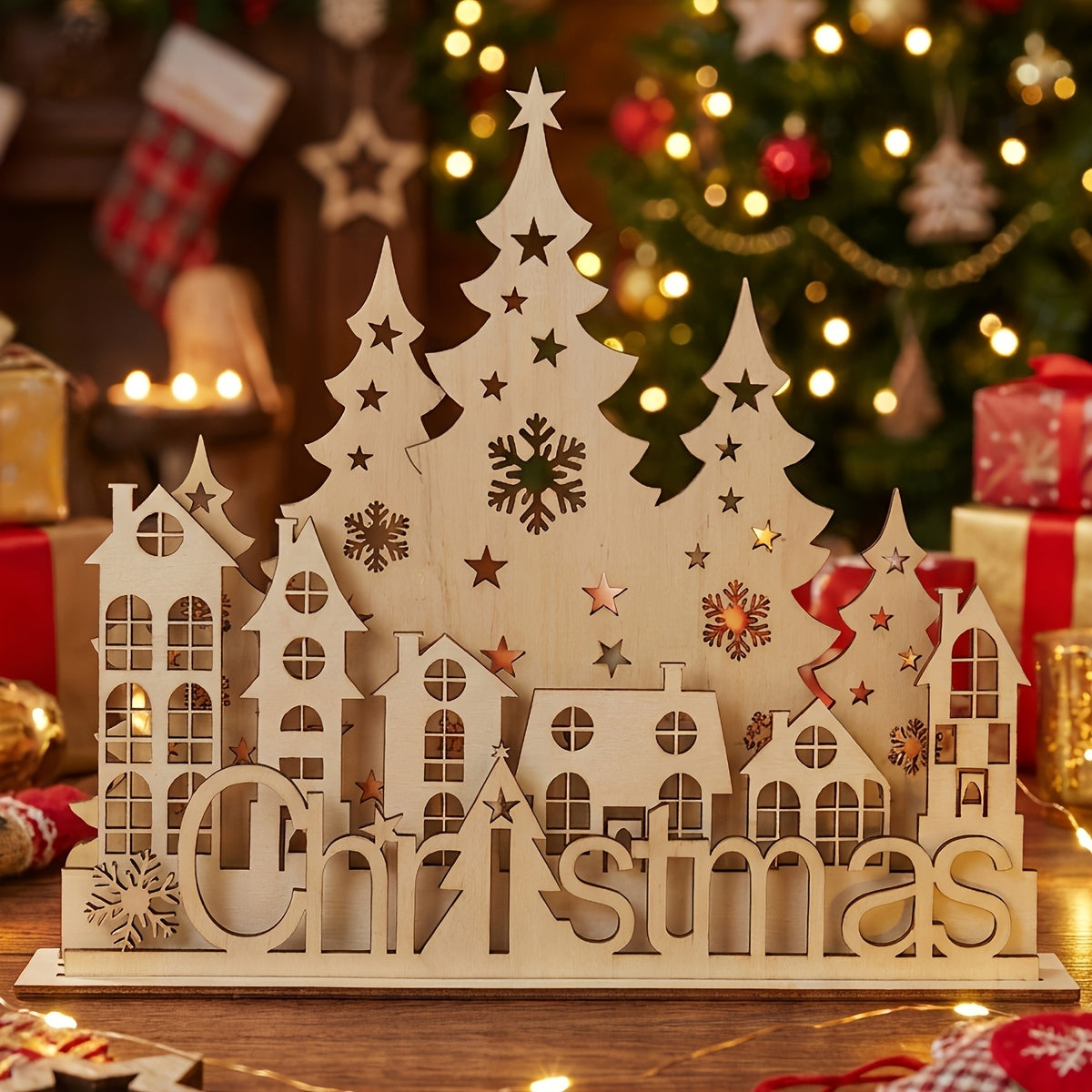 Christmas village wooden tabletop decor