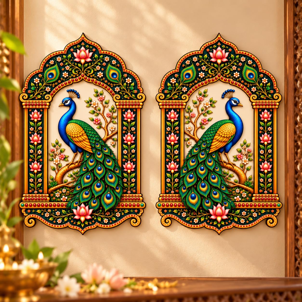 pack of 2 peacock jharokha wall art