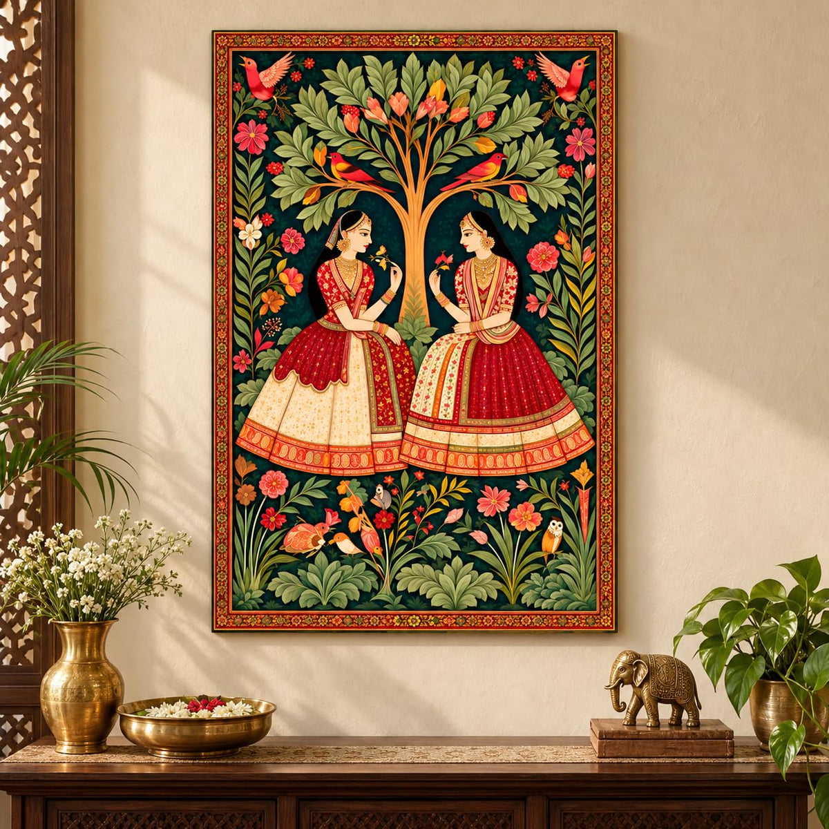 traditional women under tree wall art