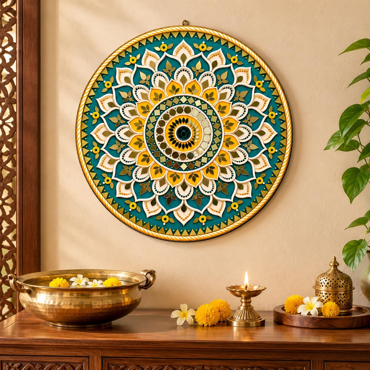 Yellow Teal Mandala Wall Art for Living Room Decor