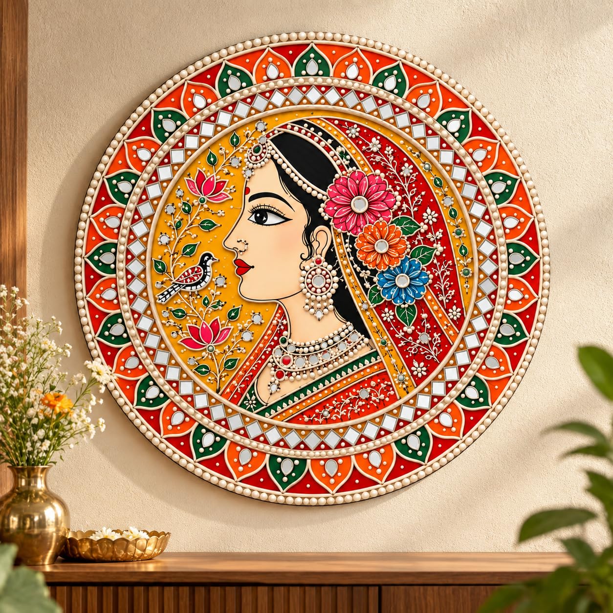 Rajasthani woman mandala wall art round MDF