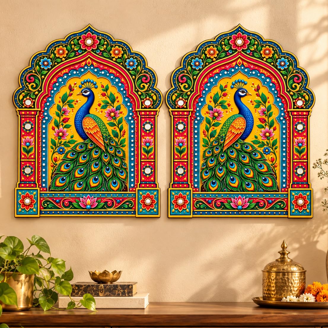 pack of 2 peacock jharokha wall art