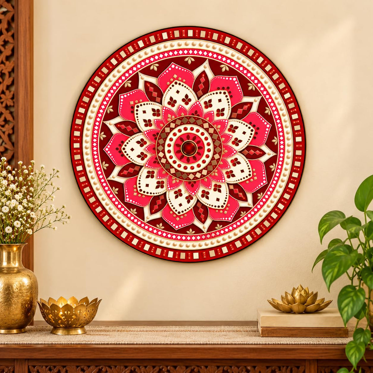 Red Pink Mandala Wall Art for Living Room Decor