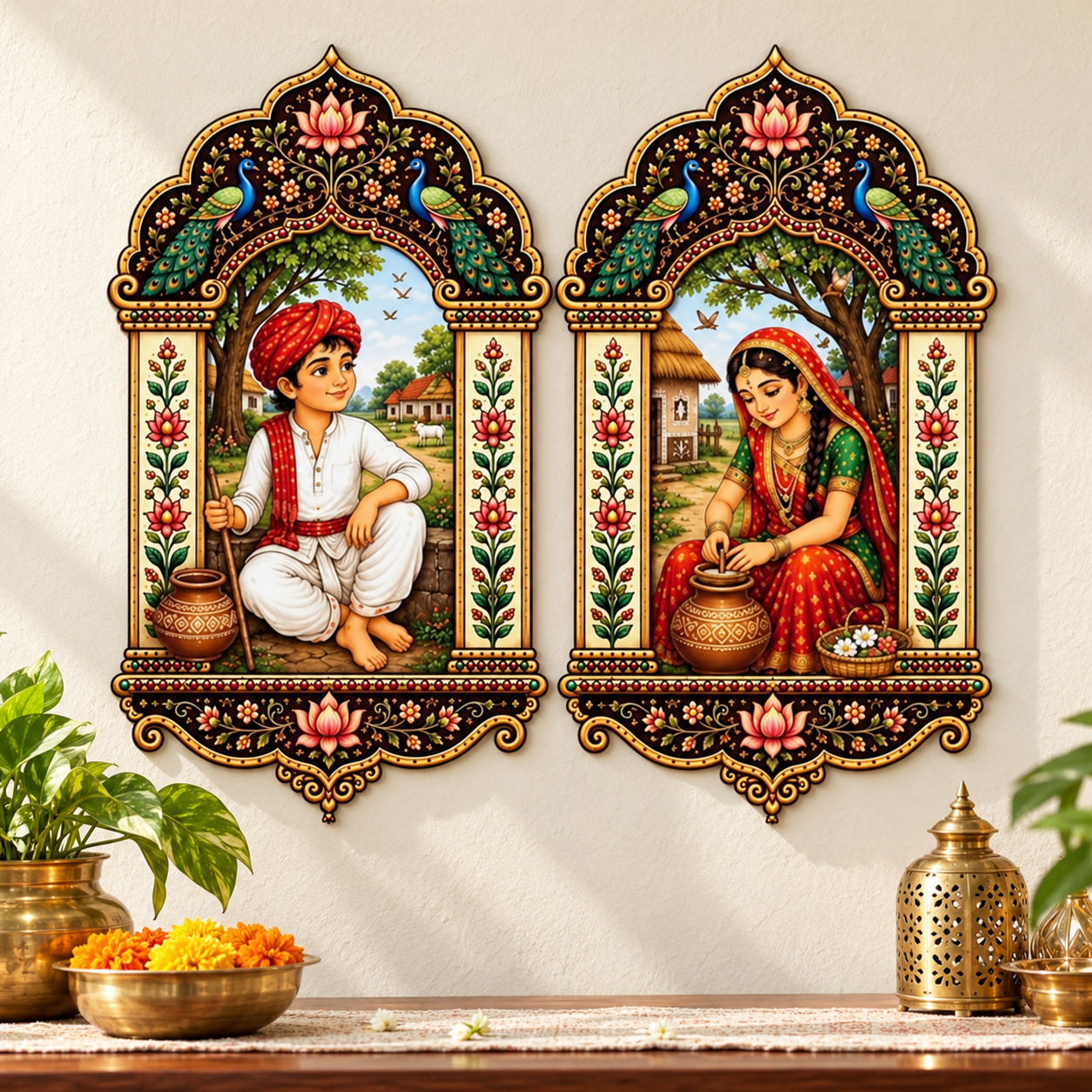 Rajasthani village couple jharokha wall decor set of 2