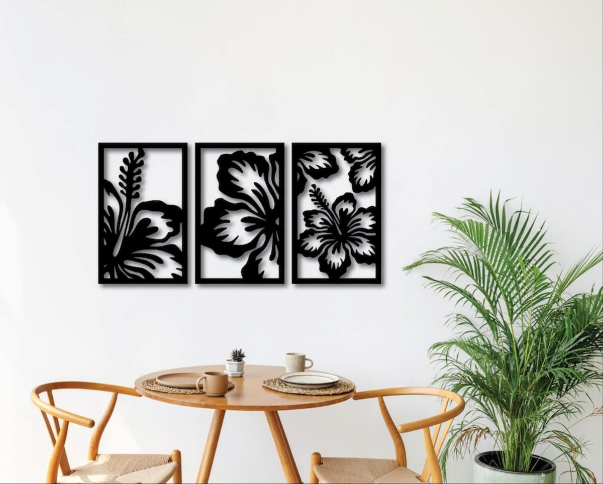 floral hibiscus 3 panel wooden wall decor for living room
