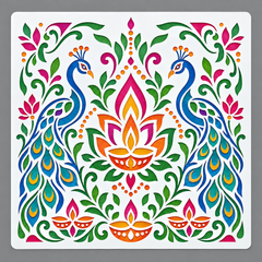 peacock diya rangoli stencil for diwali decoration