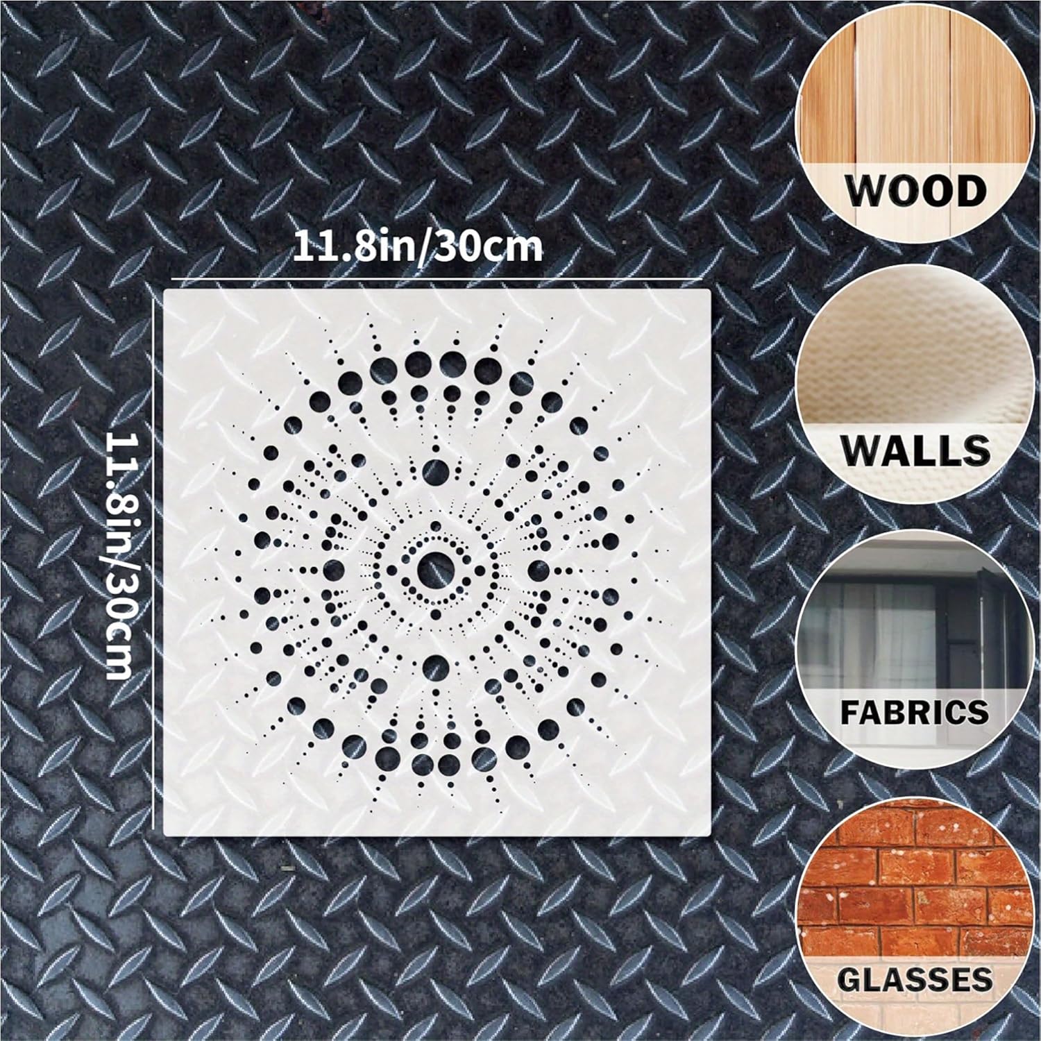 Decorative stencils with geometric patterns on a textured surface, showing dimensions and application options.