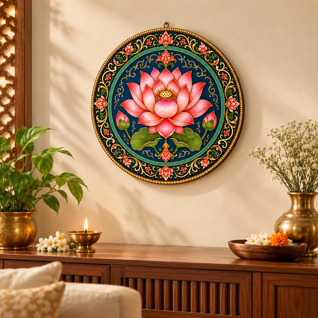 Round MDF Lotus Mandala Wall Hanging for Home Decoration