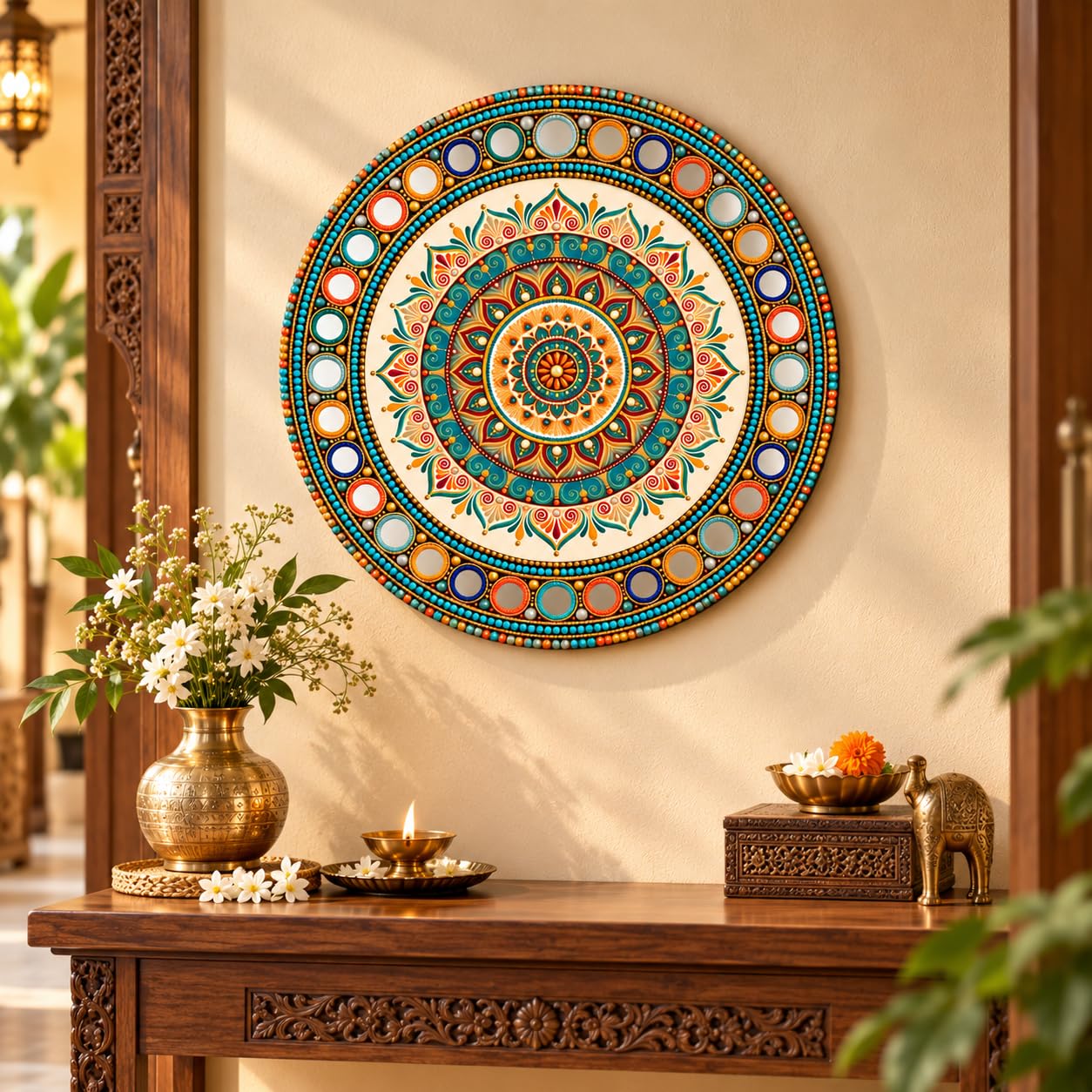 round MDF wall hanging with mirror work