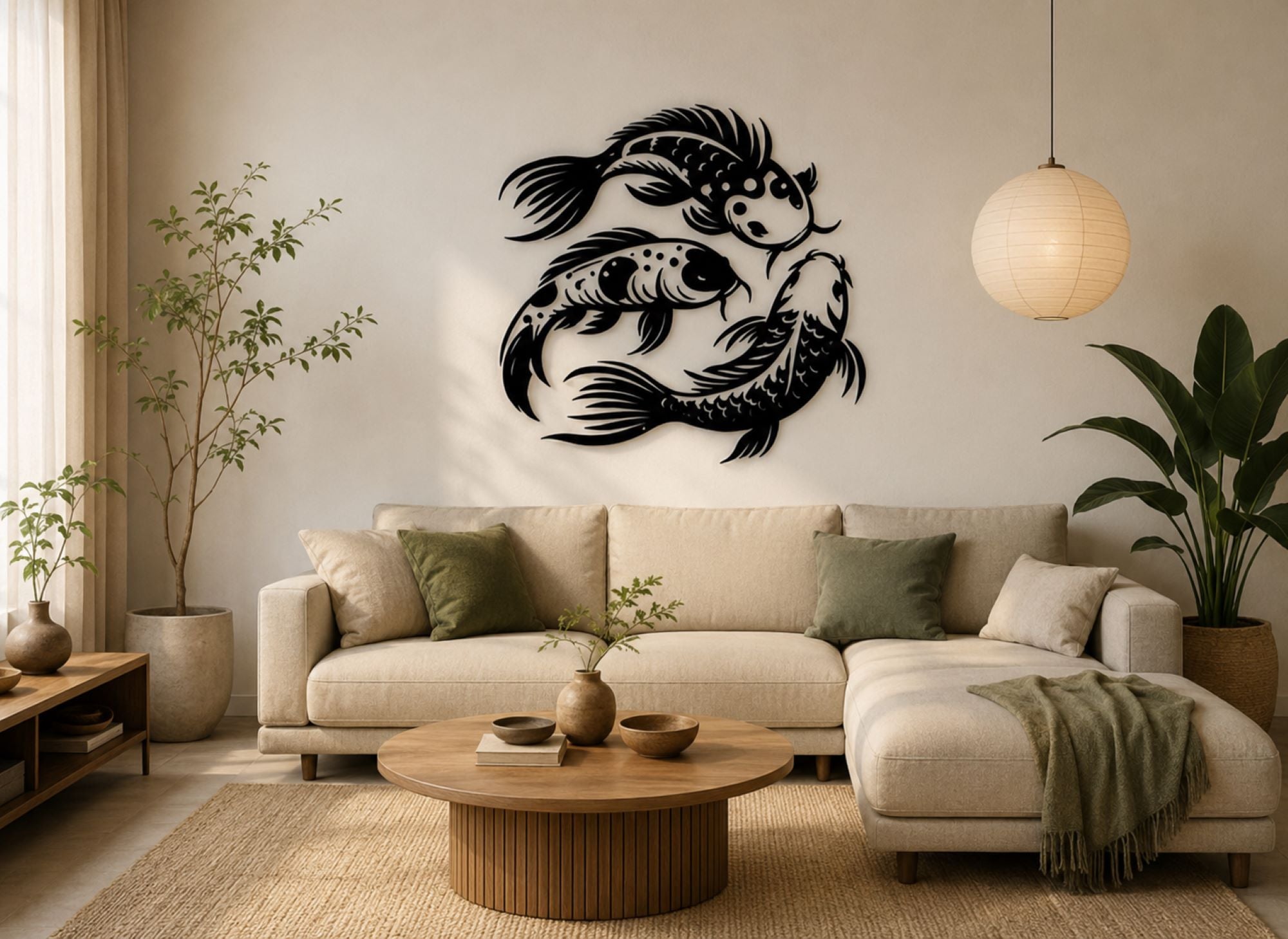black wooden koi fish wall art