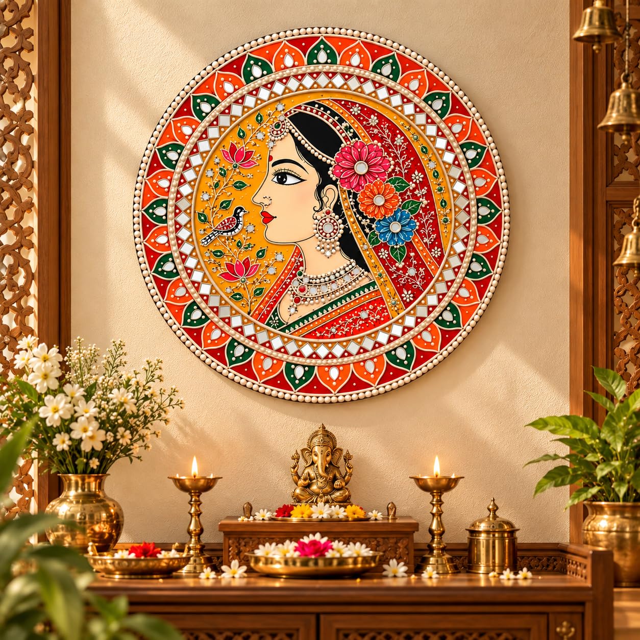 round MDF wall hanging Rajasthani lady