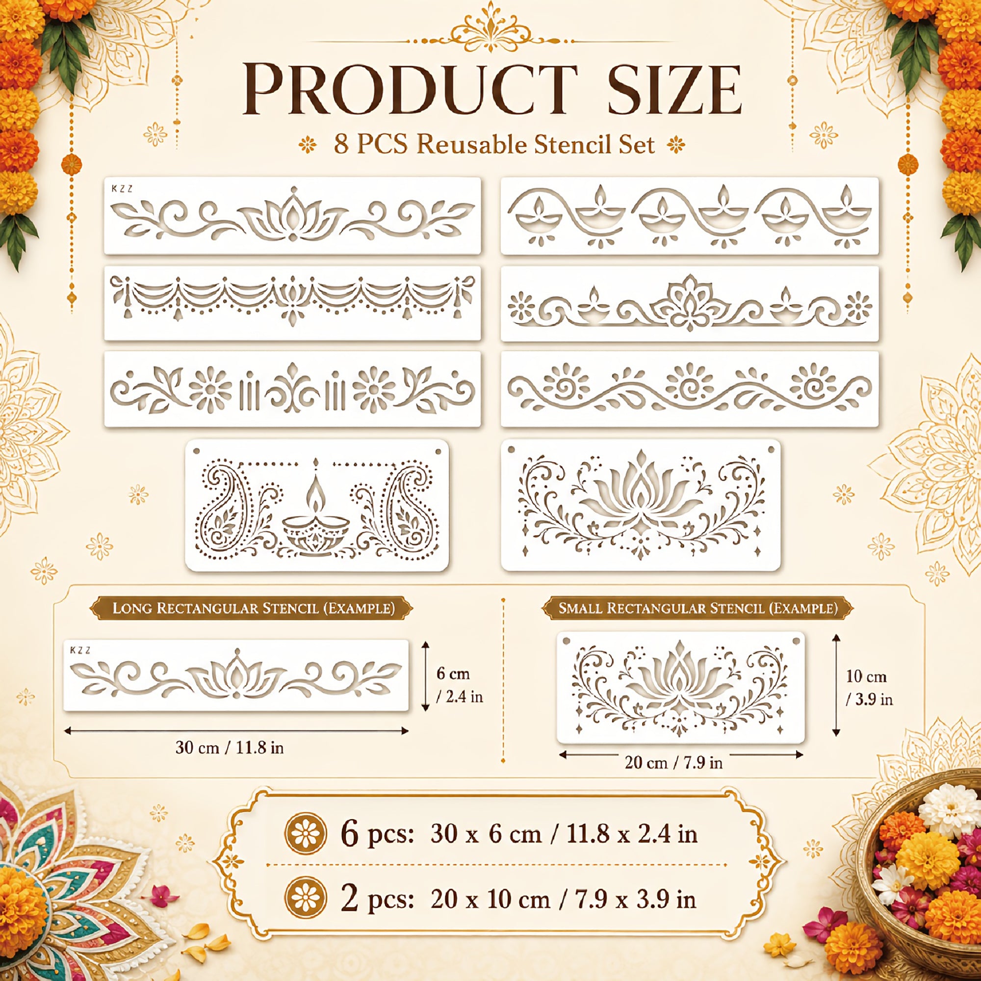 lotus paisley diya border stencil for diwali art and craft