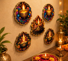 American Elm Diwali Decorative MDF Tea Light Diya Cutouts for Wall Hanging Decoration Set of 5 Festival Hanging Dsigns ( With Hole)