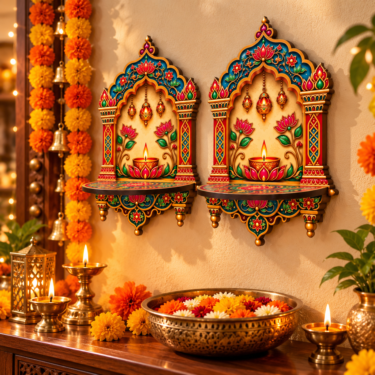 traditional diya shelf wall decor set of 2