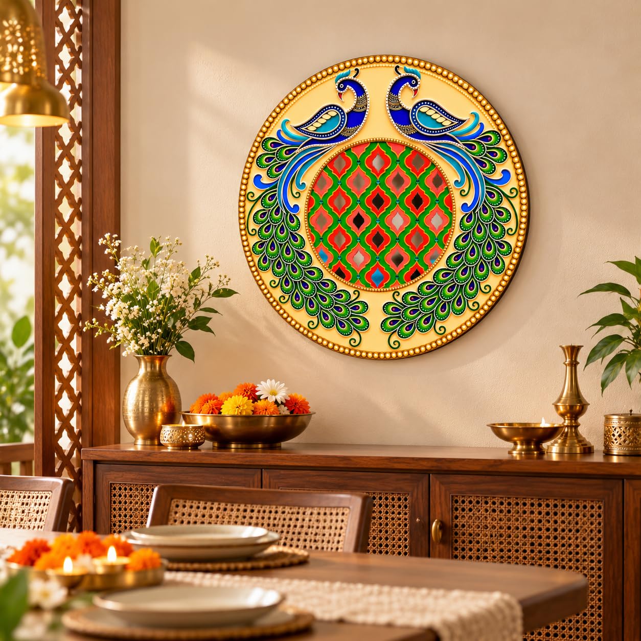 Round MDF Peacock Wall Hanging for Home Decoration