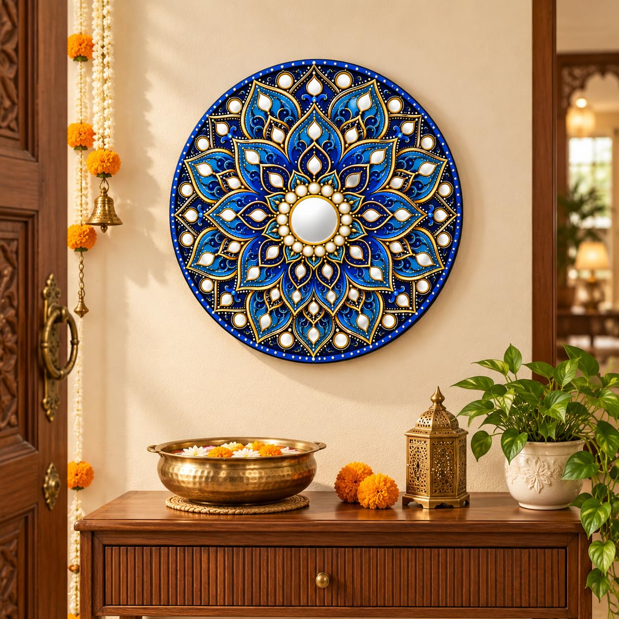 Round Blue Mandala Wall Art for Home Decoration