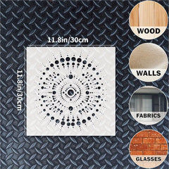 Decorative stencils with geometric patterns on a textured surface, showing dimensions and application options.