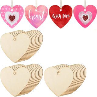 Wooden heart-shaped tags with 'heart with love' designs on pink hearts above them.