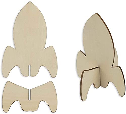 Two rocket-shaped wooden cutouts on a white background