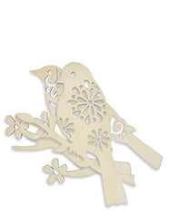 Decorative wooden cutout of two birds on a branch with floral designs on a white background