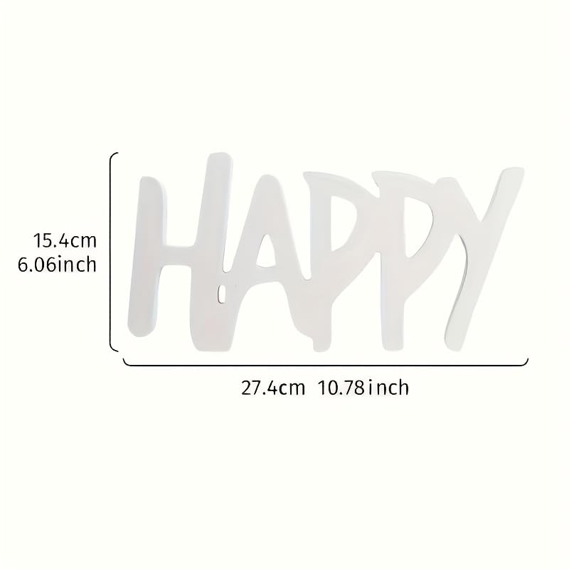 Metal word 'HAPPY' with measurements on a white background