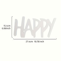 Metal word 'HAPPY' with measurements on a white background