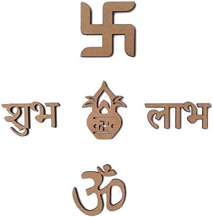 Set of wooden cutouts with Hindu symbols and text on a white background