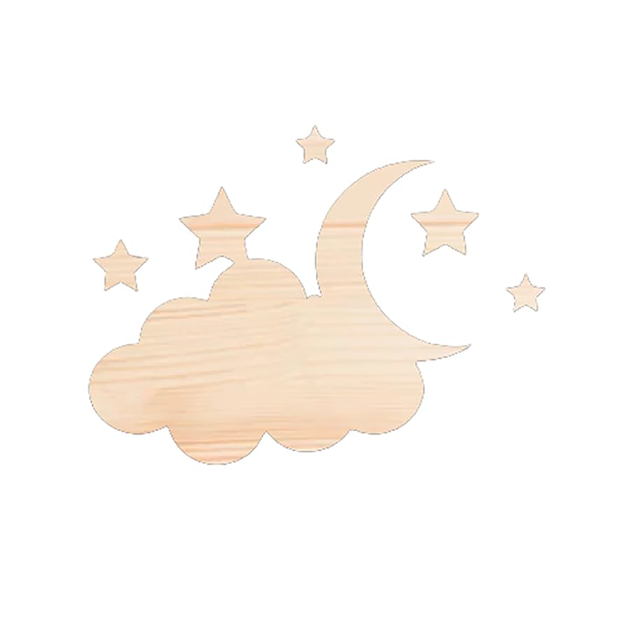 Wooden cloud with moon and stars on a white background
