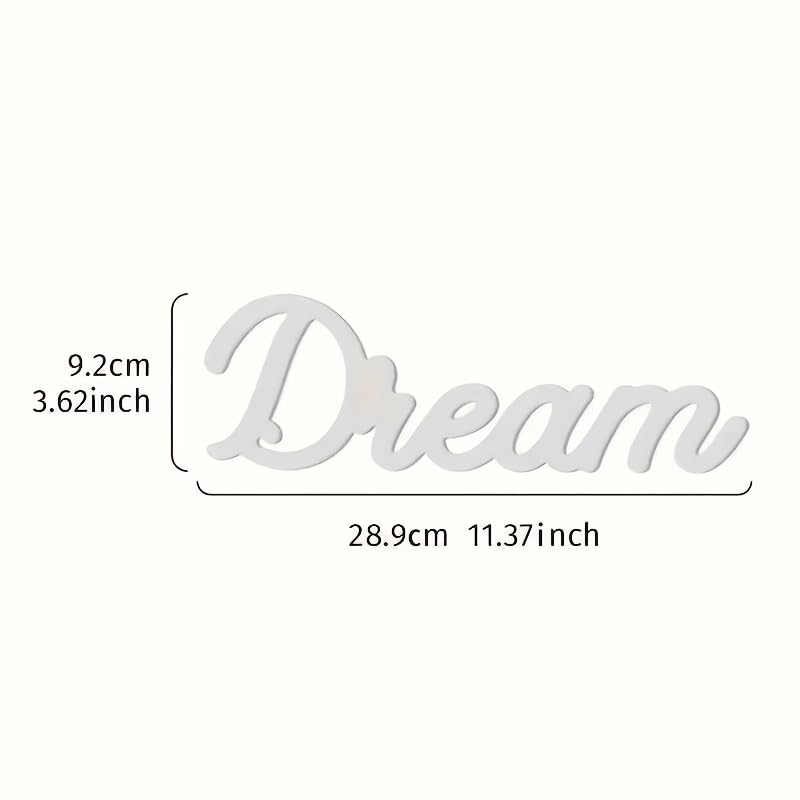 Wooden word decoration with 'Dream' and measurements on a white background