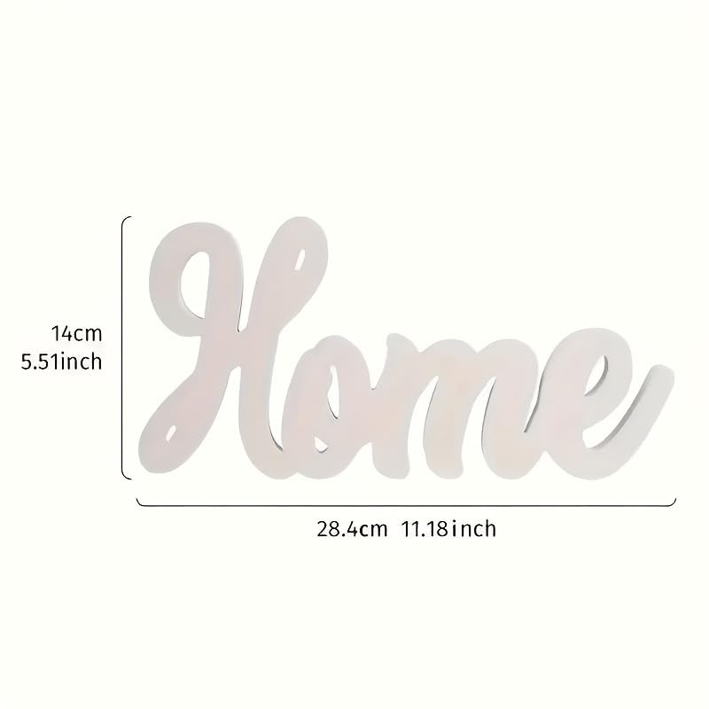 Decorative metal word 'Home' with dimensions on a white background