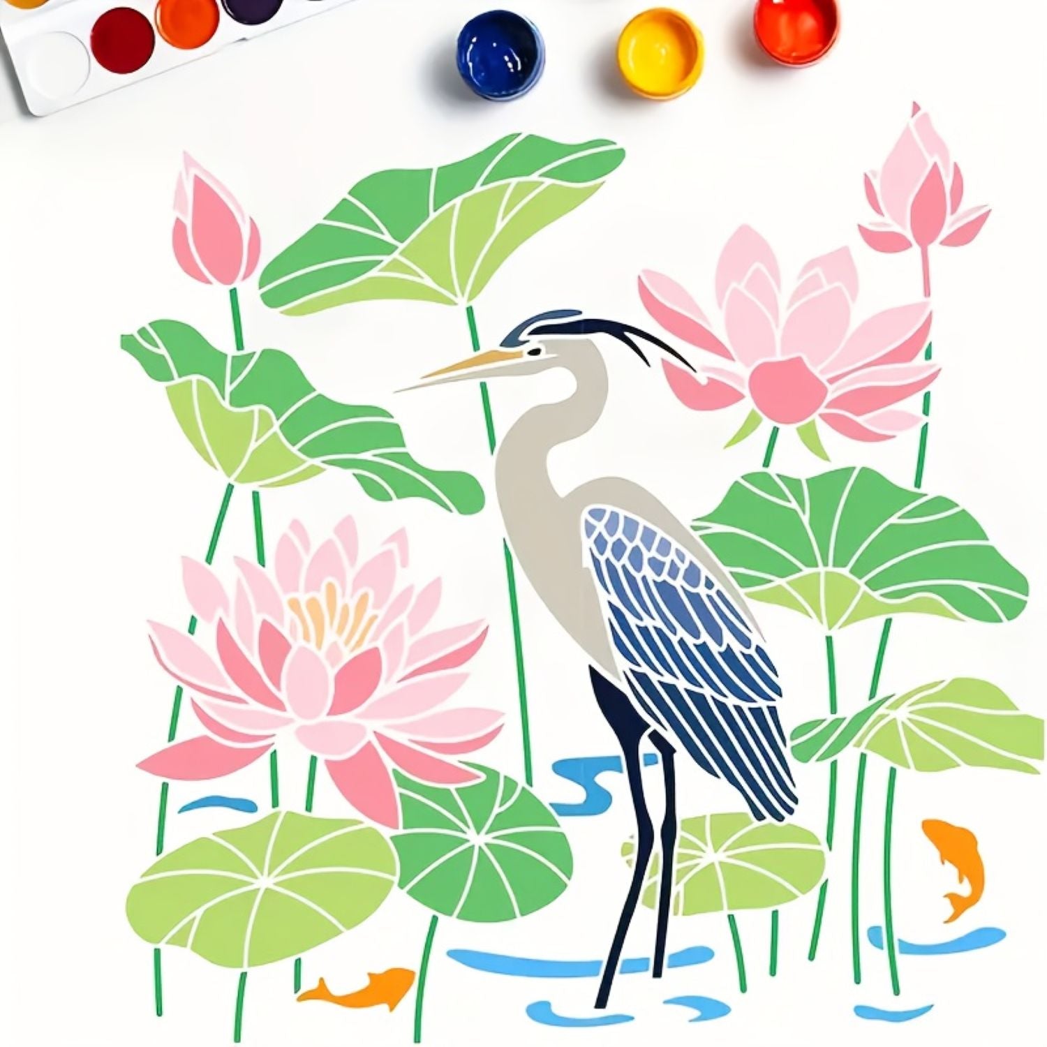 Reusable pond design stencil for mural & craft painting