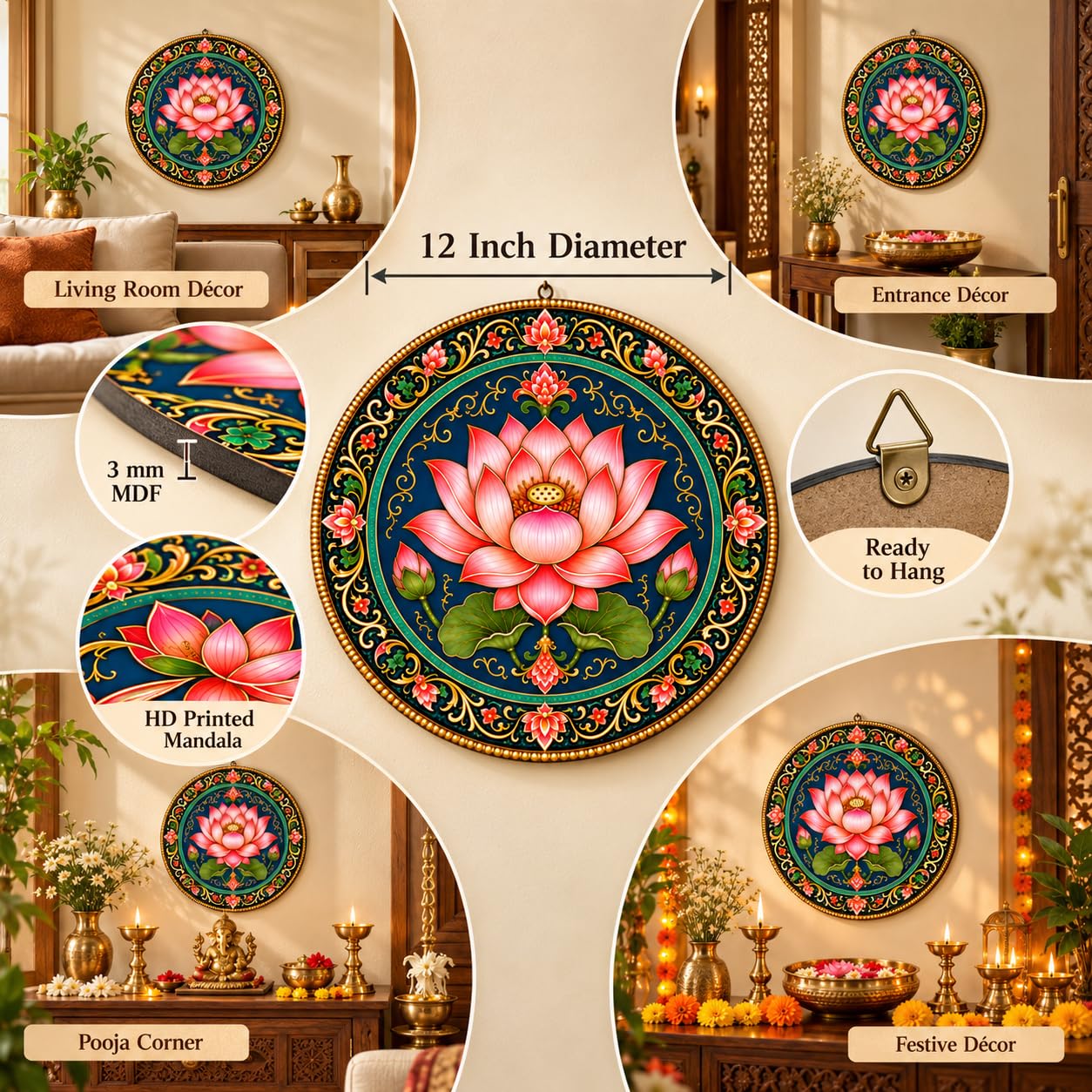 Pink Lotus Floral Wall Decor for Pooja Room