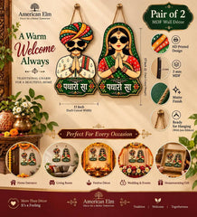 American Elm Pair of 2 Padharo Sa Rajasthani Couple Wall Hanging for Home Entrance and Living Room Decor Traditional Welcome Sign Ready to Hang