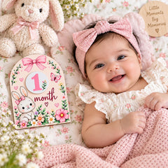 Pack of 2 Baby Milestone Board with Interchangeable Numbers Monthly Photo Prop Decor Floral Bunny Design Boards American Elm