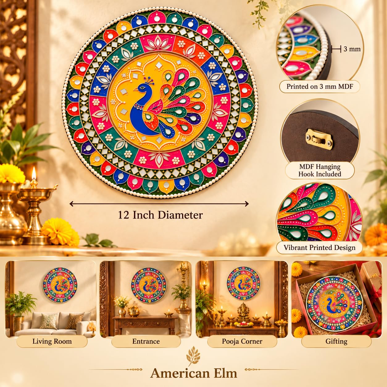 circular wooden peacock wall plaque