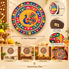 circular wooden peacock wall plaque