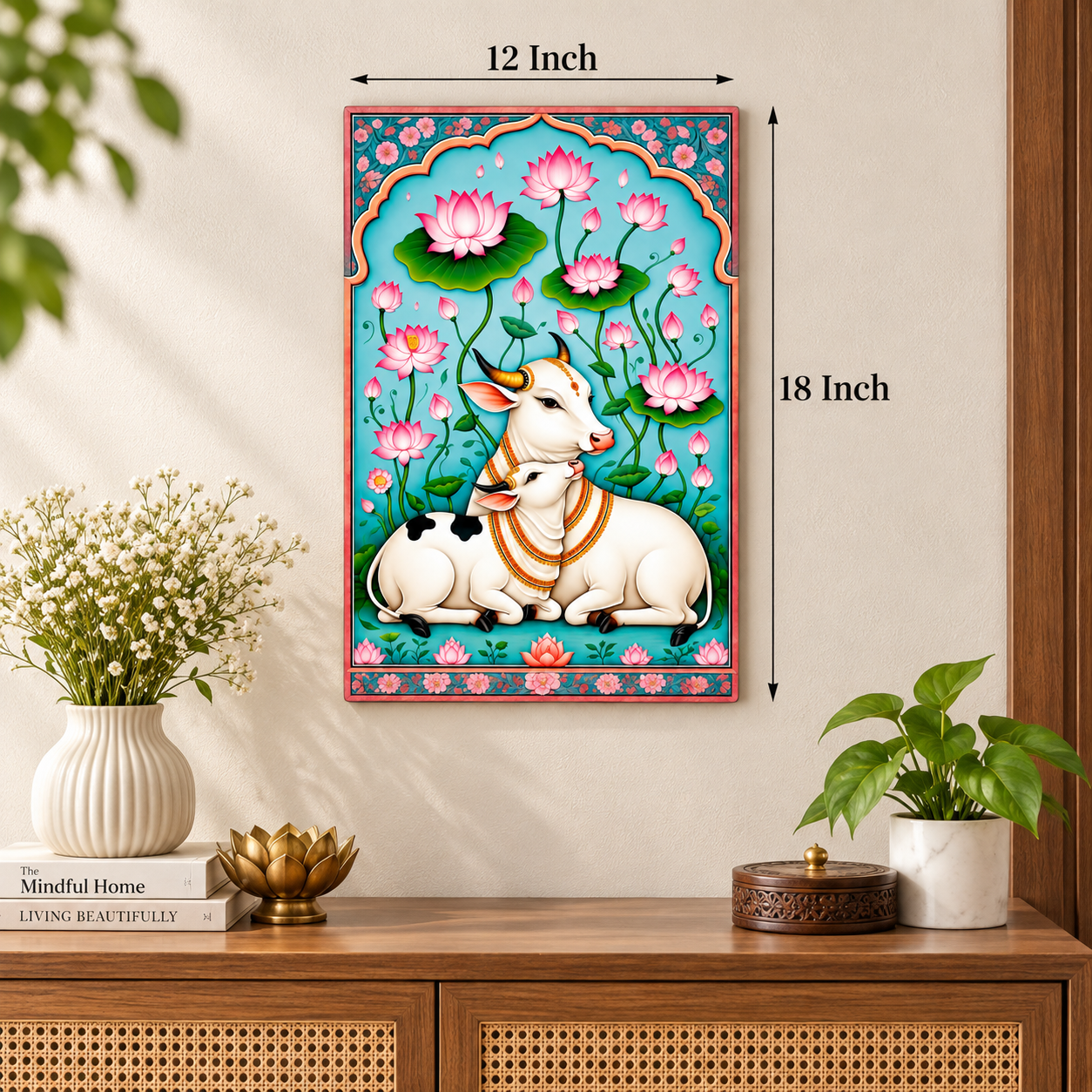 cow and calf lotus floral wall art