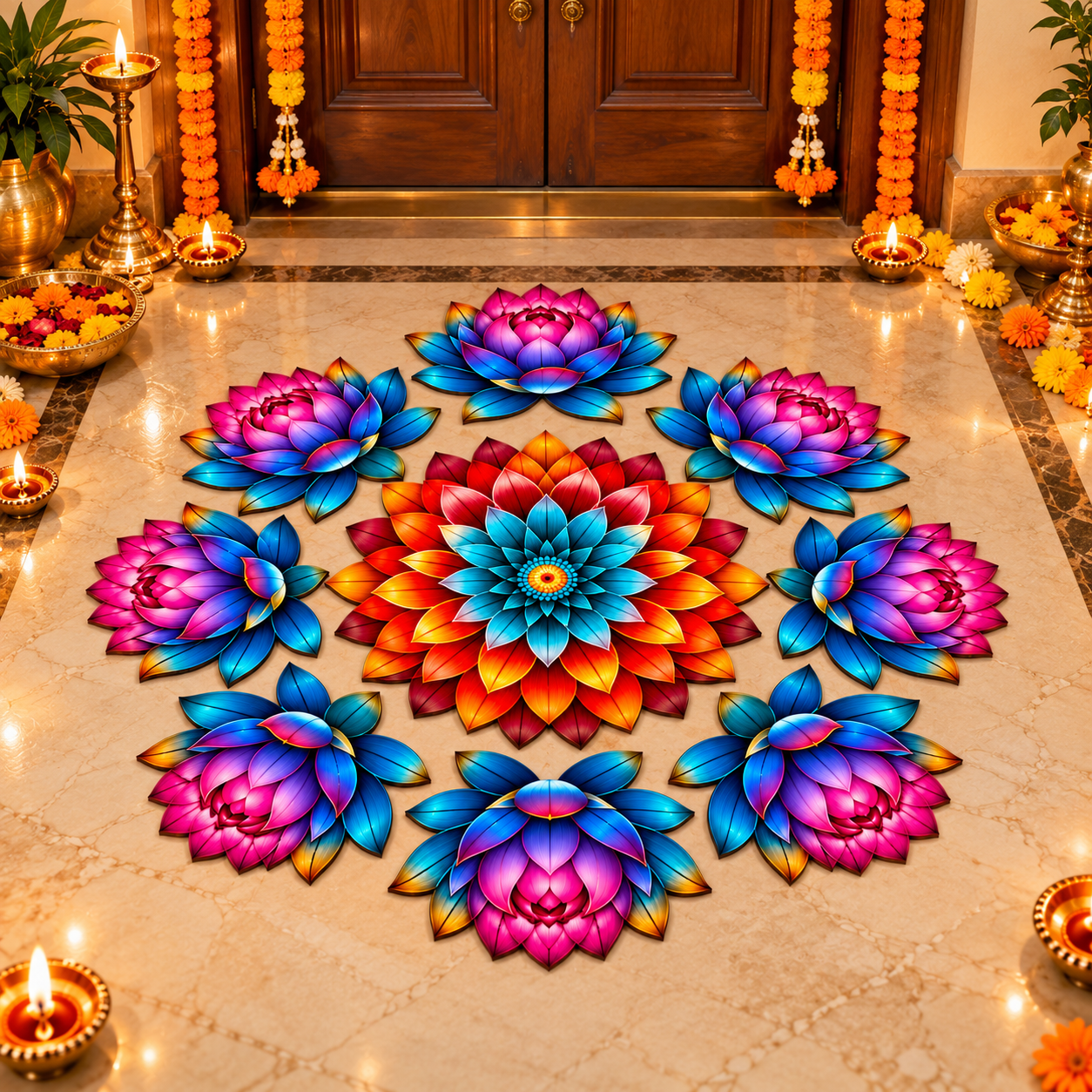 MDF lotus rangoli floor decoration set