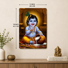 American Elm Bal Krishna Wall Art for Home Decor, Makhan Chor Krishna Wooden MDF Wall Painting for Pooja Room Living Room Bedroom