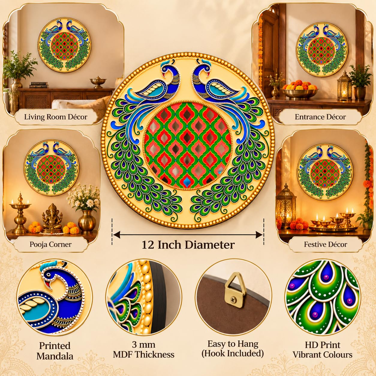 Traditional Twin Peacock Wall Decor for Pooja Room