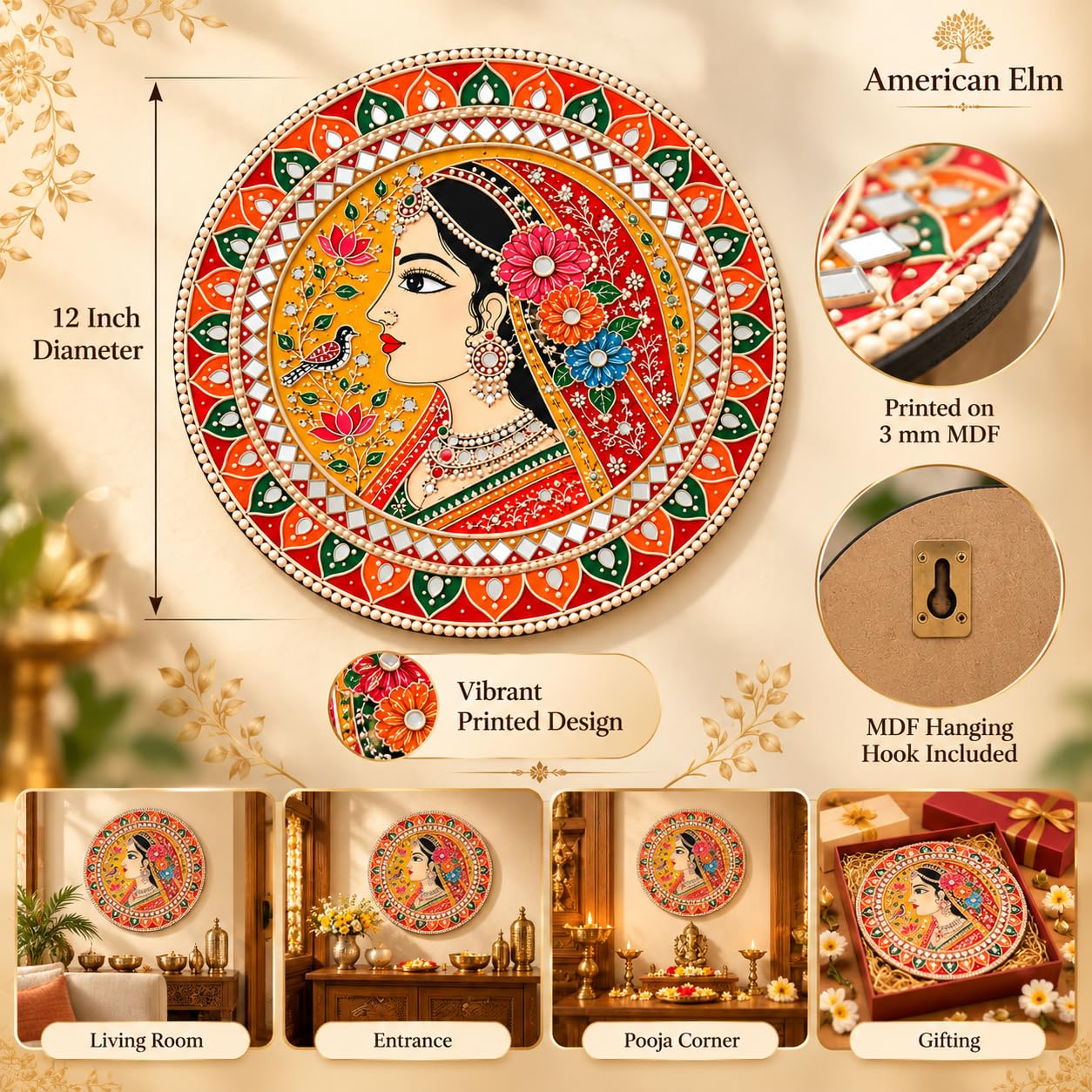 circular wooden wall plaque Rajasthani woman