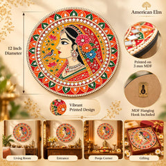 circular wooden wall plaque Rajasthani woman