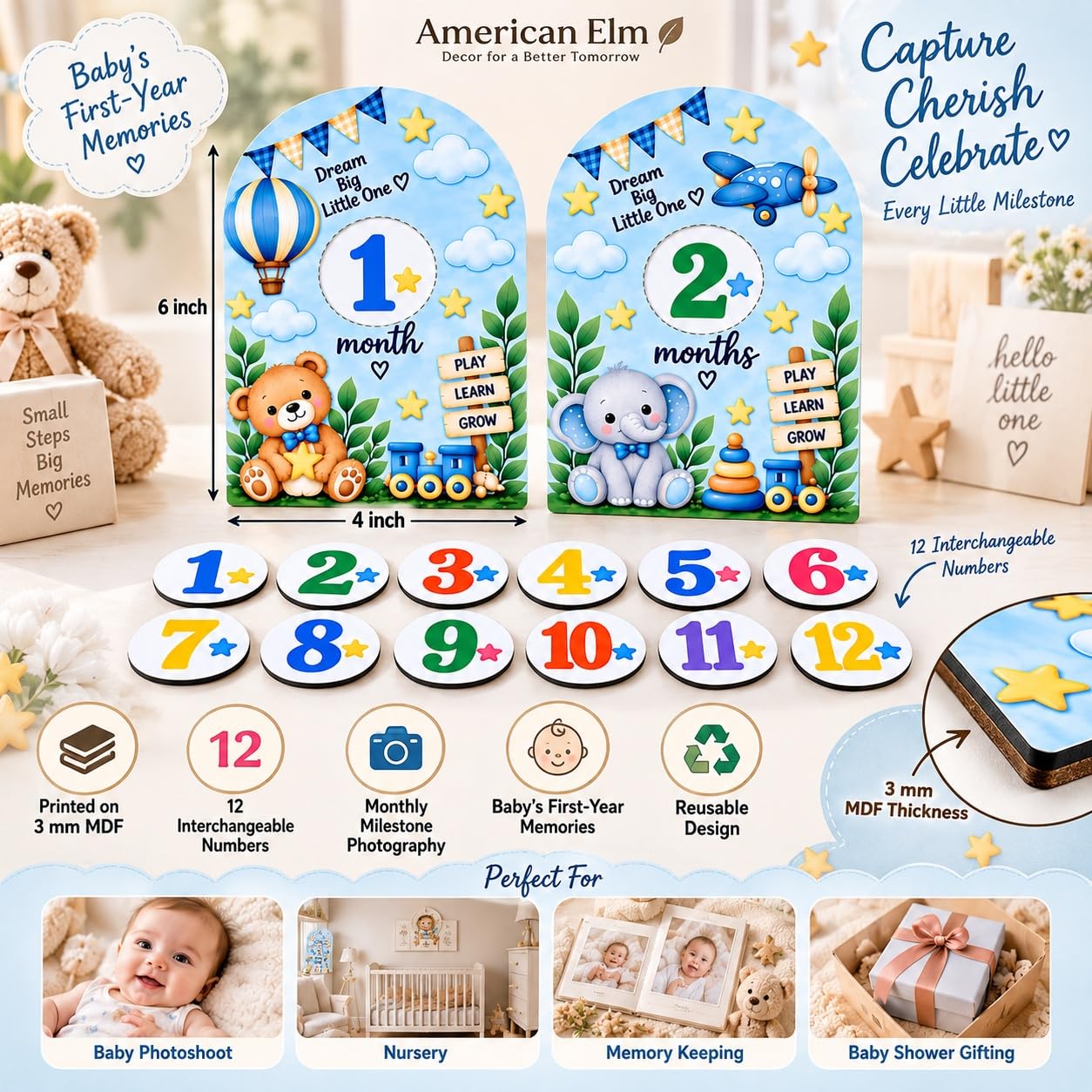 Baby milestone board with interchangeable numbers