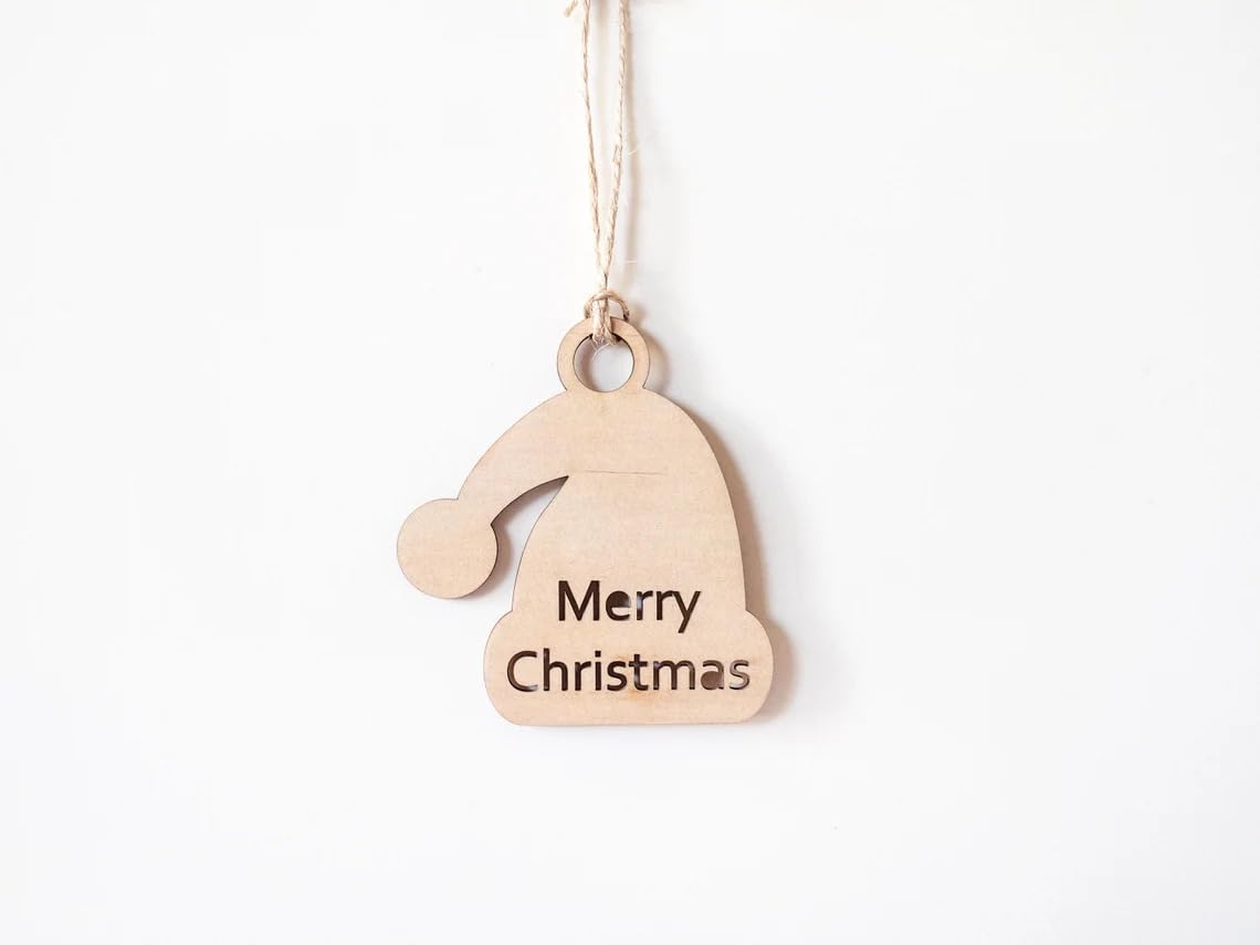 Wooden Christmas ornament shaped like a Santa hat with 'Merry Christmas' text on a white background