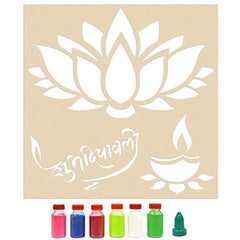 Decorative stencil with a lotus design and colorful paint bottles on a beige background