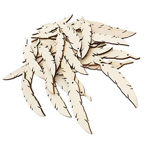 Stack of wooden feather-shaped cutouts on a white background