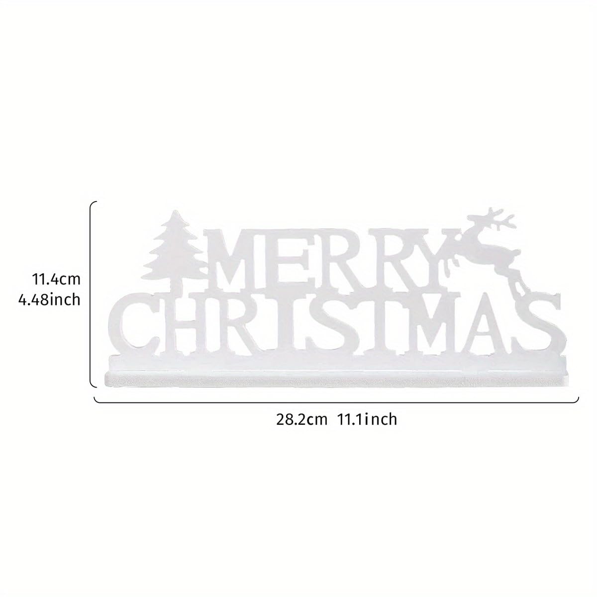 Decorative sign with 'Merry Christmas' text, tree, and reindeer design with measurements on a white background.