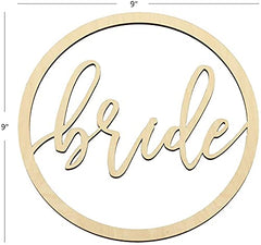Wooden circle with 'bride' cutout on a white background
