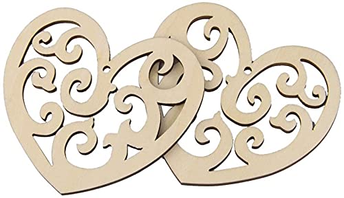 Three wooden heart-shaped decorations with intricate cut-out patterns on a white background