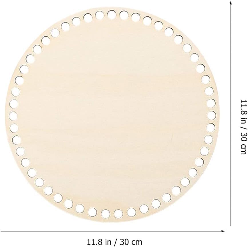 Round wooden coaster with holes and dimensions on a white background